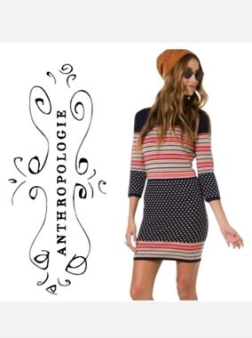 THML Navy Dot Coral & Tan Stripe ¾ Sleeve Crewneck Dress M